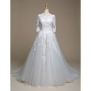 Inexpensive A-Line Court Train Wedding Dresses with 3/4 Long Sleeves