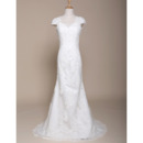 Elegant Sheath Sweep Train Satin Wedding Dresses with Cap Sleeves