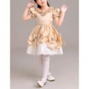 Affordable Short Taffeta Lace Flower Girl Dresses with Bubble Sleeves