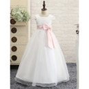 Adorable Floor Length First Communion Dress with Cap Sleeves and Sash