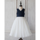 Custom V-Neck Sleeveless Tea Length Organza Pleated Flower Girl Dress