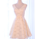 Custom V-Neck Sleeveless Short Satin Lace Homecoming/ Party Dresses