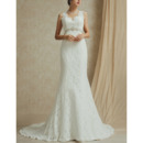 Elegant V-Neck Sleeveless Sweep Train Lace Backless Wedding Dresses