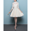 Affordable Mandarin Collar Lace Wedding Dresses with 3/4 Long Sleeves