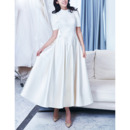 Vintage A-Line Ankle Length Satin Wedding Dresses with Short Sleeves