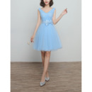 Discount V-Neck Knee Length Satin Tulle Lace-Up Bridesmaid Dresses