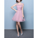 A-Line Sleeveless Short Satin Tulle Bridesmaid Dresses