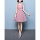 Affordable A-Line V-Neck Short Satin Tulle Bridesmaid Dress with Belt