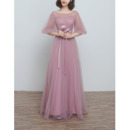 Custom Floor Length Satin Tulle Bridesmaid Dresses with Short Sleeves