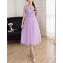 Elegant Tea Length Lace Bridesmaid Dresses with Short Sleeves