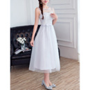 Elegant Sleeveless Tea Length Satin Tulle Bridesmaid Dresses