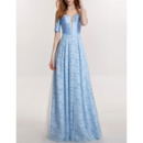 Elegant Floor Length Lace Satin Evening Dresses with Short Sleeves