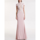 Custom Mandarin Collar Long Satin Evening Dresses with Short Sleeves