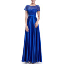 New Long Satin Applique Evening Dresses with Short Sleeves
