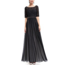 Custom Long Chiffon Lace Black Evening Dresses with Half Sleeves