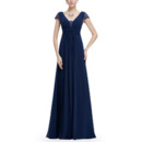 Affordable V-Neck Long Chiffon Evening Dresses with Cap Sleeves