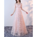 New V-Neck Floor Length Lace Evening Dresses with Short Sleeves