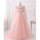 New Floor Length Lace Flower Girl Dresses with Long Sleeves