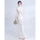 Custom Sheath Long Hollow Out Wedding Dresses with Long Sleeves