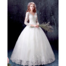 Custom Ball Gown V-Neck Floor Length Wedding Dresses with Long Sleeves