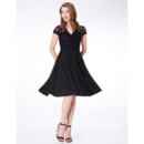 Vintage Knee Length Chiffon Black Bridesmaid Dress with Short Sleeves