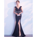 Affordable Sheath V-Neck Floor Length Satin Evening Dress with Slit