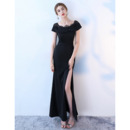 Custom Sheath Short Sleeves Floor Length Satin Evening Dress with Slit