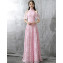 Elegant Mandarin Collar Cold Shoulder Long Lace Evening Dresses