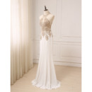 Affordable Sheath Halter Floor Length Chiffon Embroidery Evening Dress