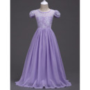 Affordable Long Chiffon Lace Flower Girl Dresses with Cap Sleeves