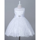 Sleeveless Knee Length Lace Flower Girl Dress with Belt