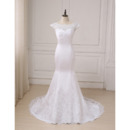 Custom Trumpet Cap Sleeves Floor Length Satin Wedding Dresses