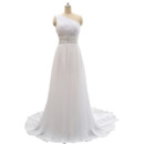 Custom One Shoulder Sweep Train Chiffon Lace-Up Wedding Dresses