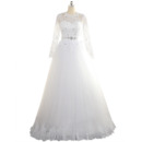 Affordable A-Line Floor Length Tulle Wedding Dresses with Long Sleeves