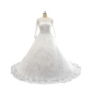 Custom A-Line Court Train Satin Tulle Wedding Dress with Long Sleeves