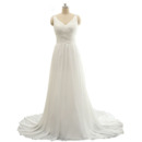 Custom V-Neck Sweep Train Chiffon Wedding Dresses with Straps