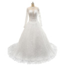 Affordable A-Line Court Train Lace Wedding Dresses with Long Sleeves