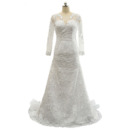 Custom V-Neck Floor Length Lace Wedding Dresses with Long Sleeves