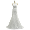 Custom Sheath V-Neck Sleeveless Sweep Train Lace Wedding Dresses