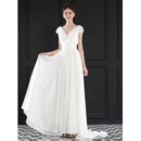 V-Neck Floor Length Chiffon Wedding Dresses with Short Sleeves