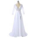 Custom V-Neck Satin Slit Wedding Dresses with 3/4 Long Sleeves
