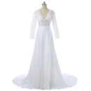 Affordable V-Neck Satin Wedding Dresses with Long Lace Sleeves