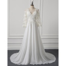 V-Neck Sweep Train Chiffon Wedding Dresses with 3/4 Long Sleeves