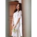 Custom Trumpet Short Sleeves Knee Length Lace Reception Wedding Dress