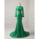 Affordable Mermaid Floor Length Lace Evening Dresses with Long Sleeves