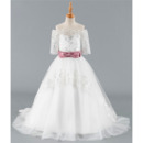 Custom Off-the-shoulder Sweep Train Flower Girl Dress with Belt