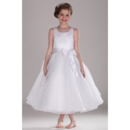 Affordable Ball Gown Tea Length Satin Flower Girl Dress with Bow