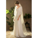 Affordable V-Neck Long Satin Wedding Dresses with 3/4 Long Sleeves