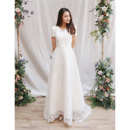 Custom V-Neck Long Satin Lace Wedding Dresses with Short Sleeves