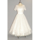 Custom A-Line Tea-Length Lace Bridal Dresses with Short Sleeves